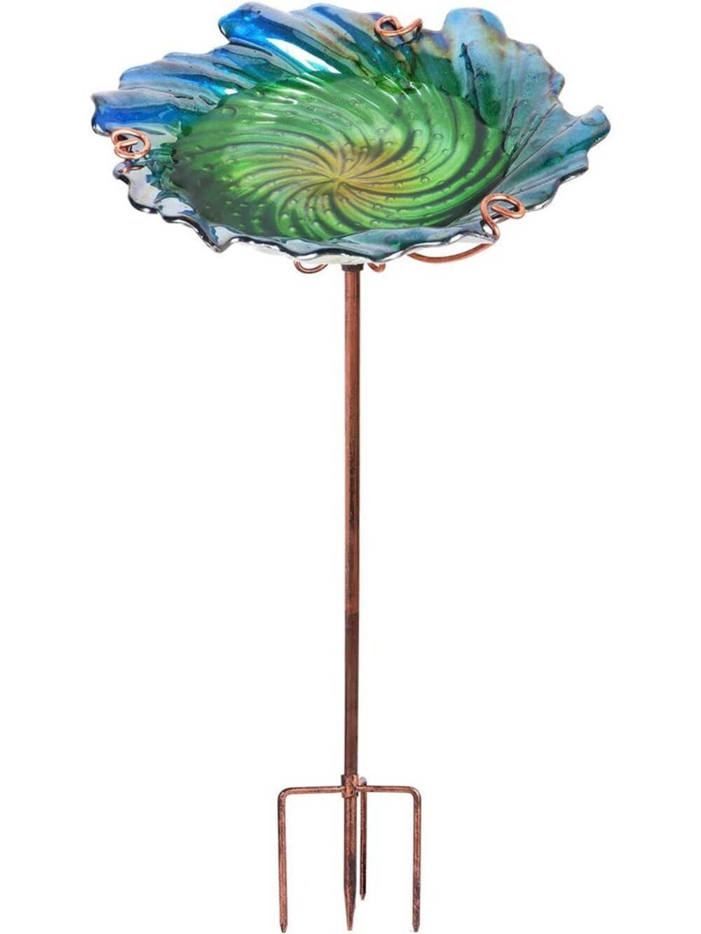 Outdoor Glass Bird Bath & Feeder with Metal Stake - 26" Garden Decor, Green